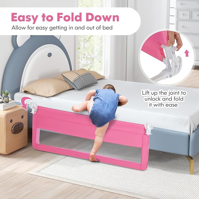 BABY JOY Bed Rails for Toddlers, 59'' Extra Long, Swing Down Bed Guard w/Safety Straps, Folding Baby Bedrail for Kids Twin, Double, Full Size Queen & King Mattress (Pink, 59-Inch)