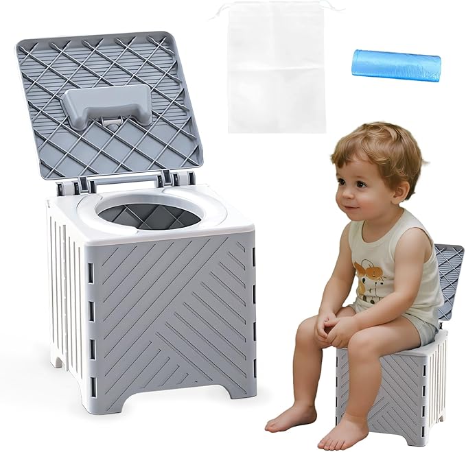 Portable Potty Seat for Toddler, Kids Travel Potty Foldable Compact Potty Training Toilet Seat with Cleaning Bags for Car, Camping, Travel, Outdoors (Grey)