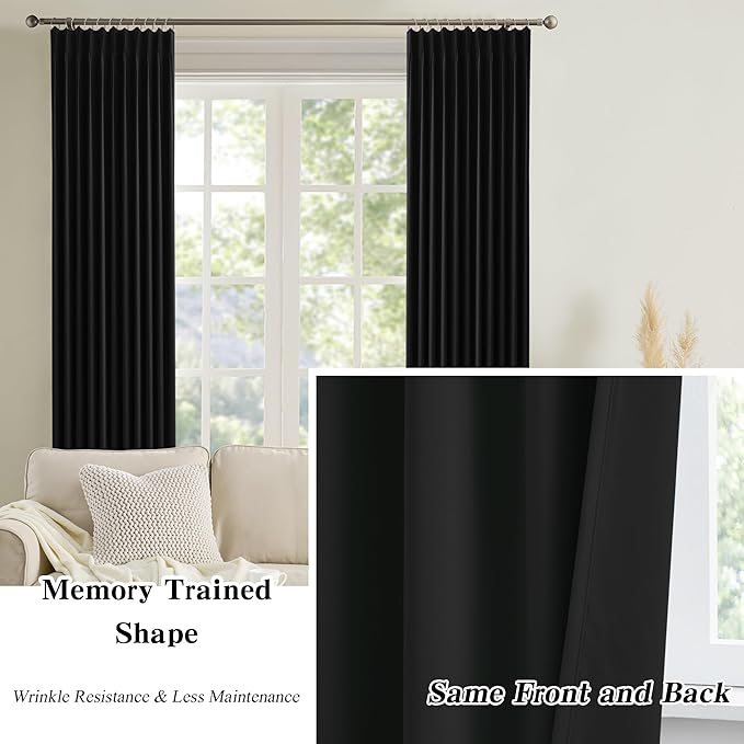 KEQIAOSUOCAI Black Curtains Blackout 104 Inches Long, Luxury Faux Silk Polyester Pinch Pleated Thermal Insulated Black Out Curtains with Hooks for Bedroom Living Room Home Office 40x104