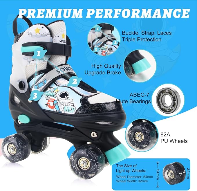 Sowume Adjustable Roller Skates for Girls and Women, All 8 Wheels of Girl's Skates Shine, Safe and Fun Illuminating for Kids