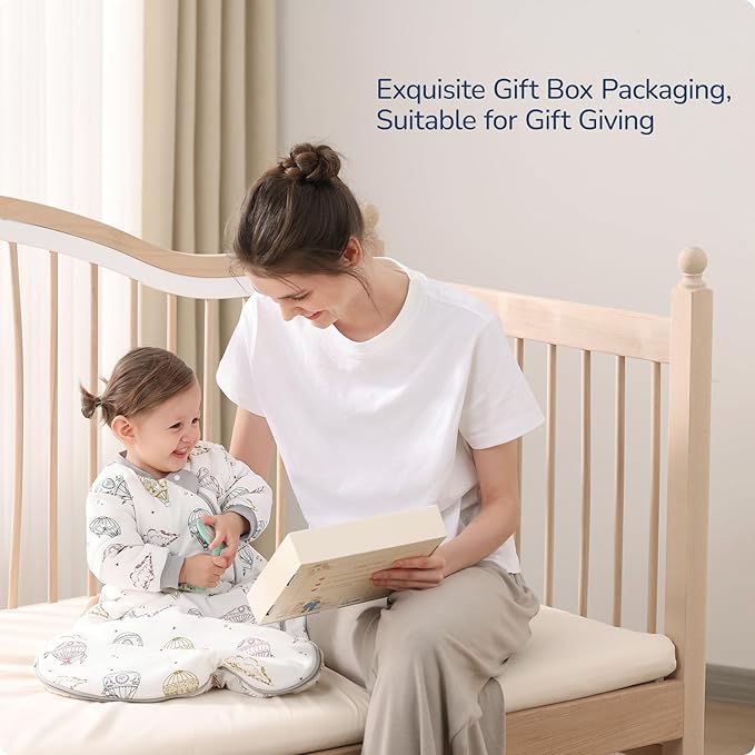 Baby Sleep Sack 18-24 Months, Cotton Detachable Long Sleeve Sleep Sack, 1.0 Tog Toddler Sleeping Sack with Temperature Strips, 2-Way Zipper Wearable Blankets for Newborns, Hot Air Balloon