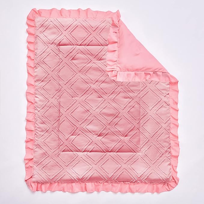 Tufted Ruffle Crib Bedding Set 3 Pieces Baby Boho Quilted Comforter with Fitted Sheet and Bed Skirt - Cute Ruffled Shabby Chic Baby Bedding Soft Blanket Design Pink