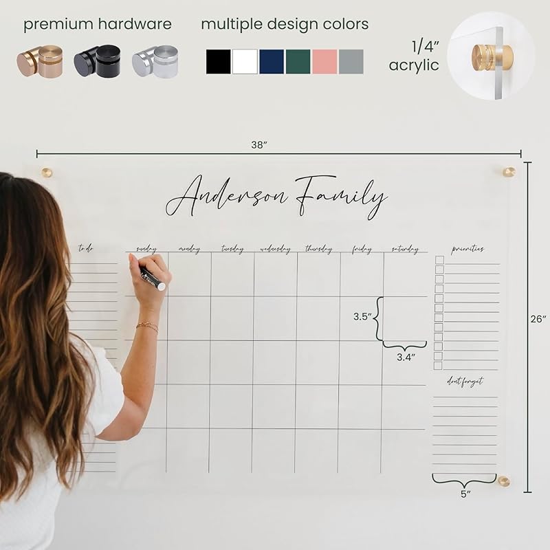 Personalized Clear Acrylic Calendar for Wall, Calendar Whiteboard for Wall, Dry Erase Wall Calendar, Wall Calendar Organizer System for Home (Cursive, Grey, 38"W x 26"H)