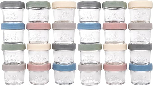 WeeSprout Baby Food Storage Glass Jars w/Lids (4 oz, 24 Pack) Matte Variety, Snack, Reusable Small Containers, Fridge or Freezer, Microwave & Dishwasher Safe, Essentials for Infants