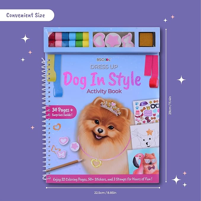 BSCOOL Dog in Style – Design Your Pet Fashion with 25 Coloring Pages, 3 Stamps, 50+ Stickers, Washi Tapes and Guides. Discover Unique Outfits for Dogs. Educational. Travel Friendly for Ages 5 and up.