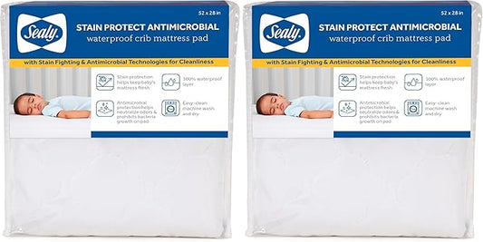 Sealy Baby Stain Protect Antimicrobial Fitted Waterproof Infant Crib Mattress Protector Pad and Toddler Bed Cover, Durable and Comfortable Topper, Machine Washable & Dryer Friendly, 52” x 28”- White