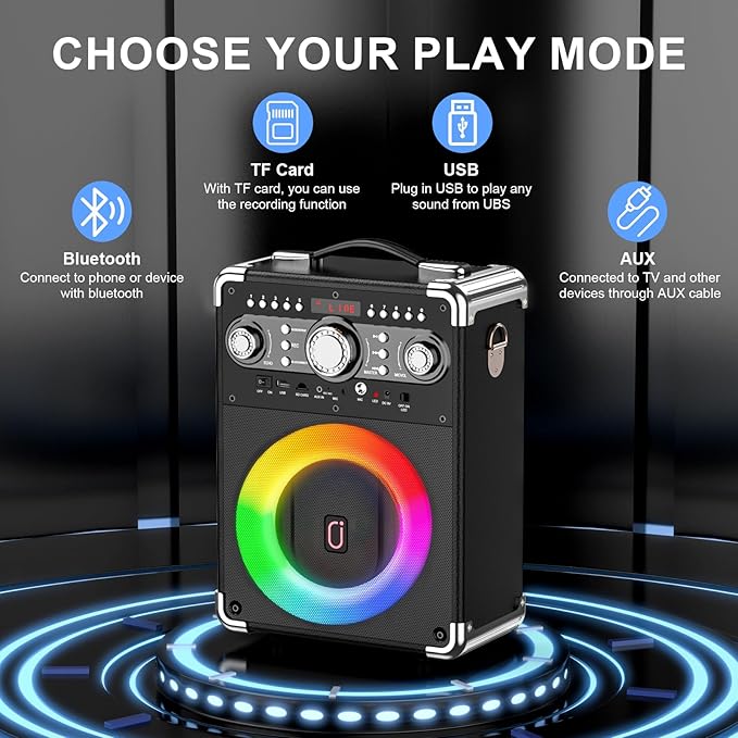 Karaoke Machine with 3 Wireless Microphones for Adults, Portable Bluetooth Party Speaker with Echo Adjustment, Singing Machine Support TWS/USB/TF Card/Guitar/TV Connected for Outdoor/Events etc