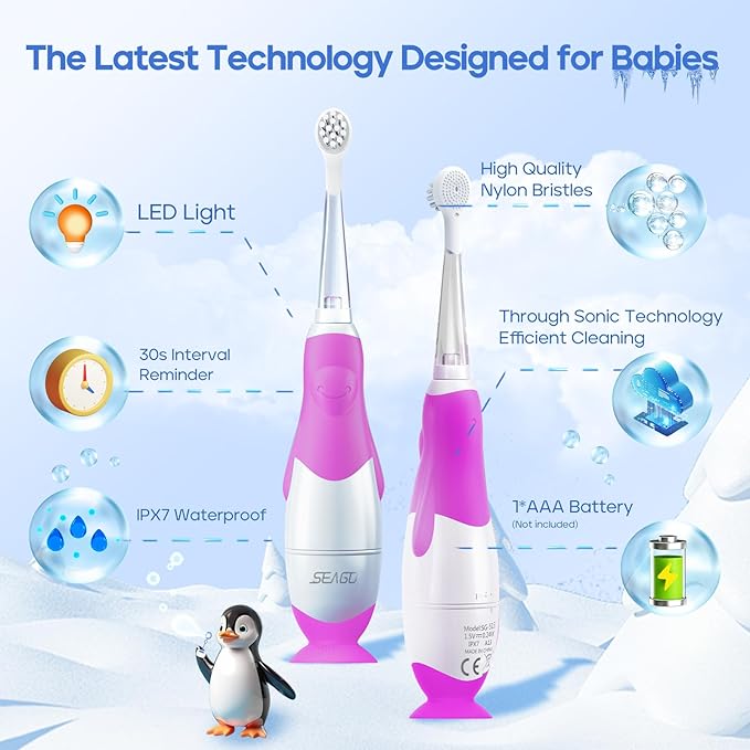 SEAGO Toddler Electric Toothbrushes for Baby Ages 0-3 Years, Baby Toothbrush with Smart Timer and Suction Base, 4 Replacement Brush Heads SG-513(Purple-C)