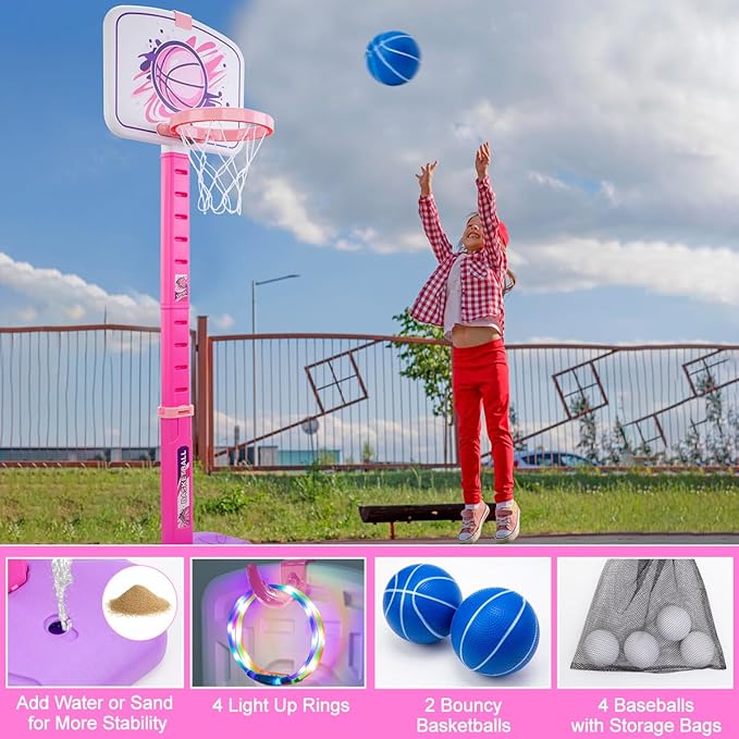 Meland Toddler Basketball Hoop, Pink 4-in-1 Kids Basketball Hoop for Indoor Outdoor Play, Tball Set with Baseball Pop Up Machine, Girls Toys Birthday Gift