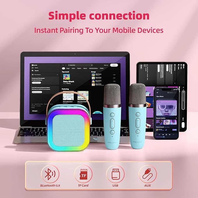 Kinglucky Mini Karaoke Machine for Kids, 2025 TOP Birthday Gifts Ideas for 3-12 Year Old Girls, Christmas Party Gifts Kids' Personal Video Players Accessories with 2 Wireless Microphones - Blue