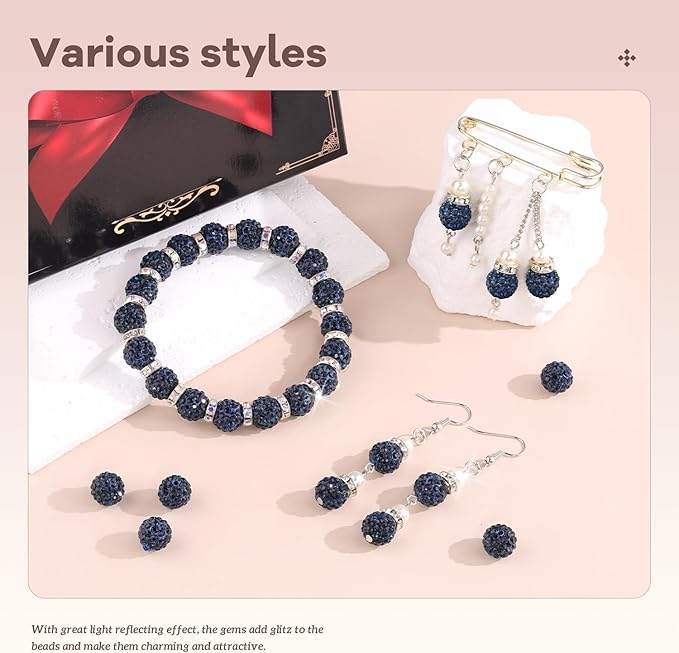 200pcs 10mm Rhinestone Beads for Jewelry Making, Blue Black Shiny Round Disco Ball Beads Bulk, Sparkle Crystal Clay Christmas for Bracelet Baseball Necklace Earring Crafting and DIY