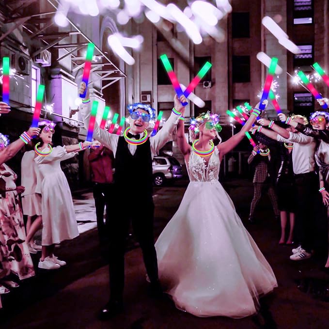 142 PCS Glow in the Dark Party Supplies, 14PCS Foam Glow Sticks, 14PCS Light Up Headband,14PCS LED Glasses and 100PCS Glow Sticks Bracelets,for Glow Party, New Year, Wedding, Concert, Birthday