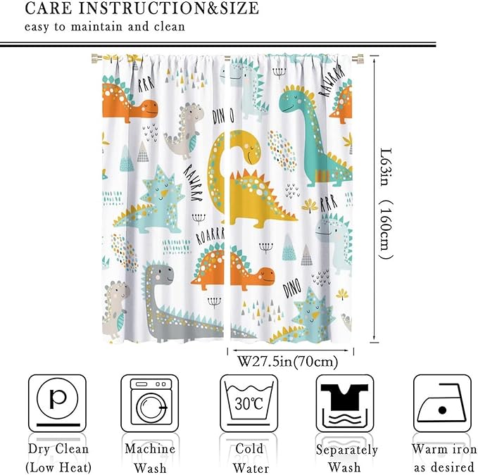 Dinosaur Curtains for Kids Boys Girls Home Decor Childish Cute Dino Animals Print Pattern Rod Pocket Blackout Window Drapes for Nursery Baby Bedroom Playroom W27.5xL63in 2 Panels