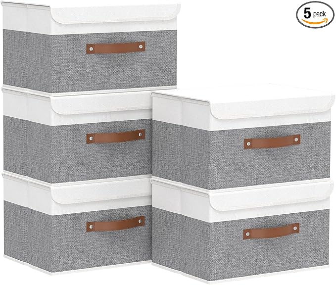 Yawinhe Collapsible Storage Bin, Cube Organizer Basket, Fabric Box with Lids, Washable and Leather Handle, for Home, Closet, White/Grey, 13.0''Lx9.0''Wx7.9''H, 5-Pack, SNK024WGS-5