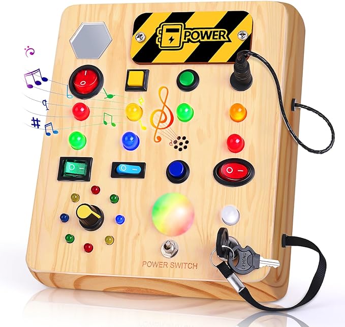 Busy Board with LED Light, Wooden Sensory Toys for Toddler, Montessori Music Toy for Airplane, Travel Activity Educational Learning Autism Toys, Birthday Boys Girls Gifts
