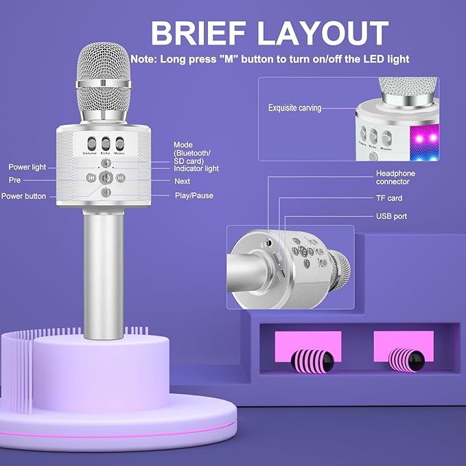 BONAOK Karaoke Microphone for Kids & Adults - Bluetooth Microphones Singing Mic with Disco Lights, Echo Effect, Built-in Speaker Portable Karaoke Player for Party Travel Gifts Q78(Silver)