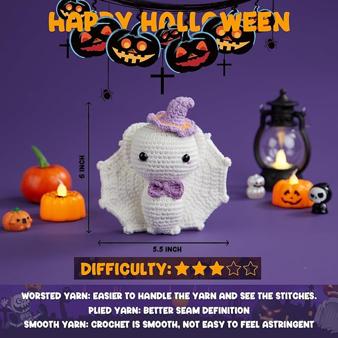 MAGIMUSE Crochet Kit for Beginners, Crochet Starter Kits Halloween Amigurumi Knitting Crochet Animals Kits Hooks Yarn Set with Step-by-Step Video Tutorials, 3 Colorful Bats (40%+ Yarn)…