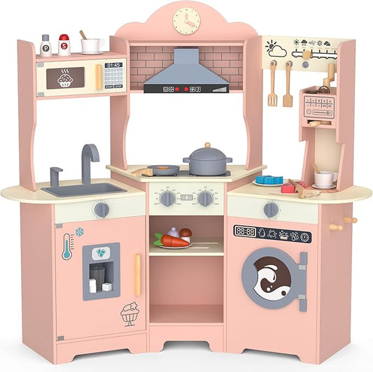 ANPABO Play Kitchen for Kids, Wooden Kitchen Playset w/Real Lights & Sounds, Coffee & Ice Maker, Microwave, Stove, 30Pcs Accessories Include Play Food, Pretend Play Set for Boys & Girls, Pink