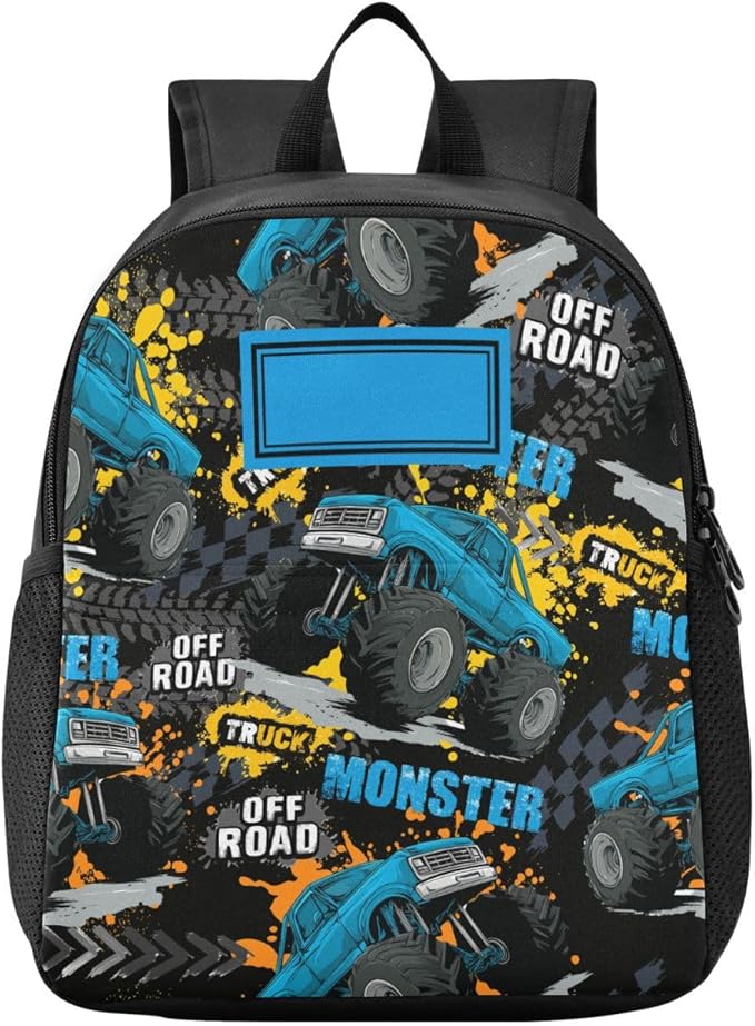 Toddler Monster Truck Waterproof Mini Backpack, 11 Inch, Pattern 4, Black, Small