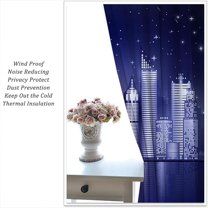 City Rod Pocket Blackout Curtains for Boy Girl Bedroom, New York Skyline Modern City Starry Sky Night View Thermal Insulated Home Window Drapes for Living Room Darkening, 55x63 inch