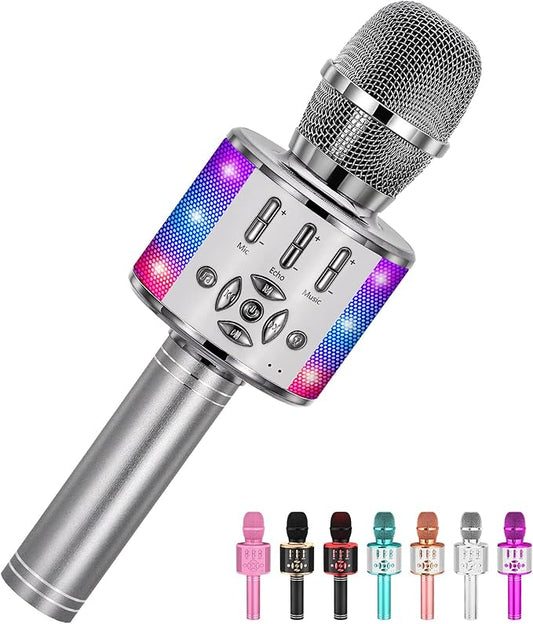 Amazmic Kids Karaoke Microphone Machine Toy Bluetooth Microphone Portable Wireless Karaoke Machine Handheld with LED Lights, Gift for Children Adults Birthday Party, Home KTV(Gray)