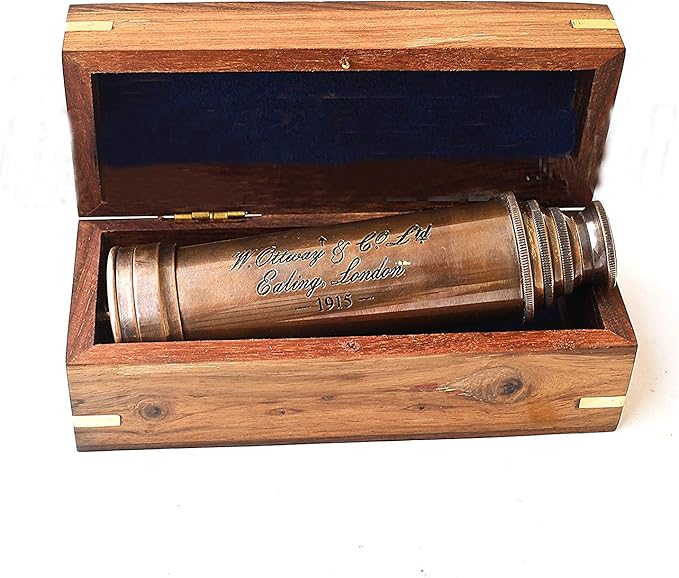 Vintage Copper Finish Telescope with Wooden Box Marine Gift London 1917