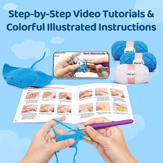 Mewaii Microwavable Heatable Manta Ray Crochet Kit for Beginners Level 2 with 40% Extra Eco-Friendly Pre-Started Easy Yarn, Step-by-Step Video Tutorials for Adults and Kids