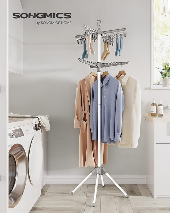 SONGMICS 2-Tier Clothes Drying Rack, 72-Inch Folding Laundry Drying Rack with 3 Rotatable Arms for Hangers, 24 Clips, Stainless Steel, for 27 Pieces of Clothes, Gray and White ULLR512G01