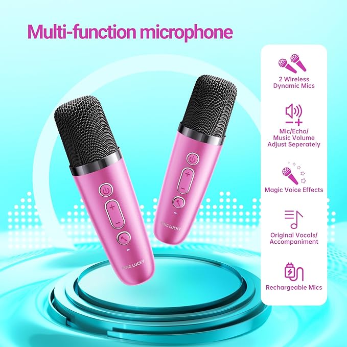 Kinglucky Mini Karaoke Machine for Kids, 2025 TOP Birthday Gifts Ideas for 3-12 Year Old Girls, Christmas Party Gifts Kids' Personal Video Players Accessories with 2 Wireless Microphones - Rose Pink