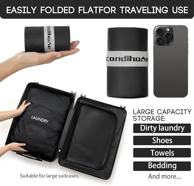 Travel Laundry Bag, Washable Dirty Clothes Travel Bag Waterproof Wet Dry Bags Reusable Camp Clothes Organizer for Sports Home College Dorm Laundromat (1 Pcs X-Large) Black