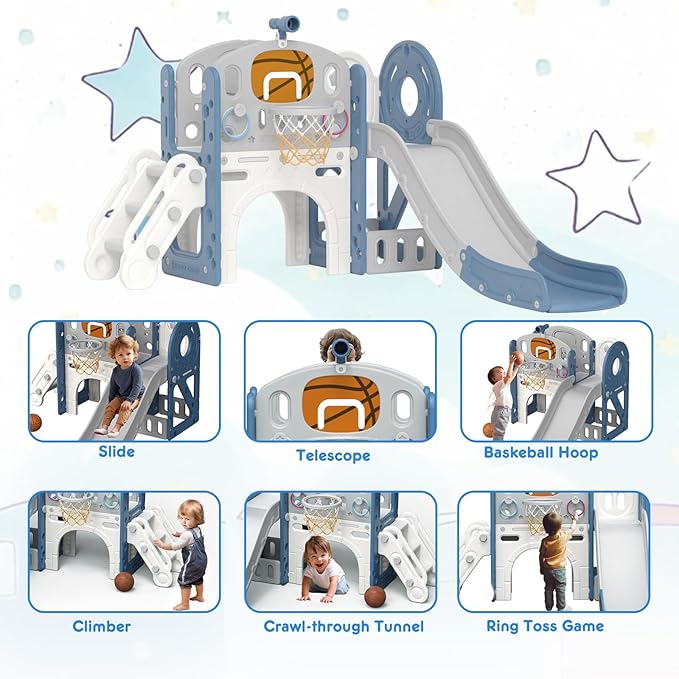 XJD 8 in 1 Toddler Slide Set, Kids Slide for Toddlers Age 1+, Toddler Climber Slide PlaySet with Basketball Hoop and Ball,Outdoor Indoor Playground for Toddlers 1-3 (Blue Gley, 8 in 1)