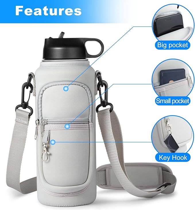 Water Bottle Holder with Strap for Hydroflask 32oz 40oz, Carrier Sling Bag with Phone Pocket Sleeve for Men Women Hiking Camping Travelling