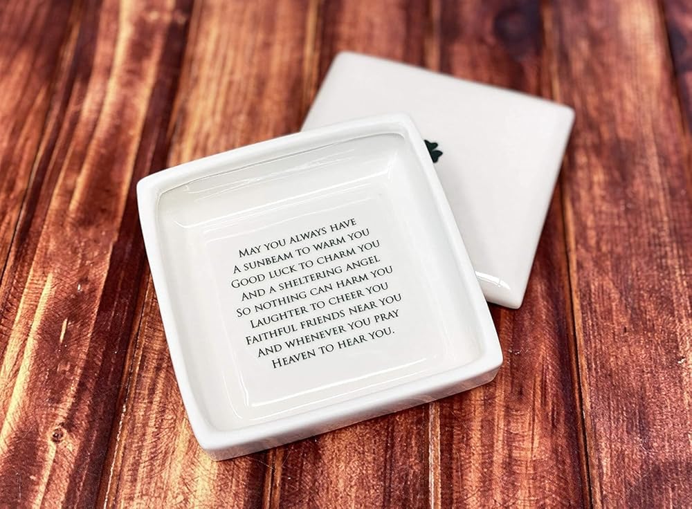 Baptism Gift, First Communion Gift, or Confirmation Gift – Square Ceramic Keepsake Box with Irish Blessing and Shamrock in Green