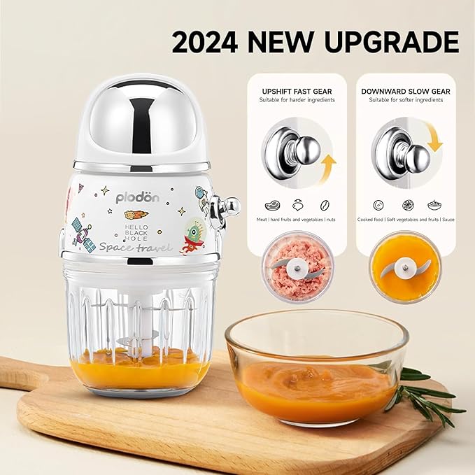 Baby Food Maker Mini Cute and Small Food Processor Puree Blender Grinder Chopper 1.2 Cup Glass Bowl with 6 Blade Electric (Spaceman-White)