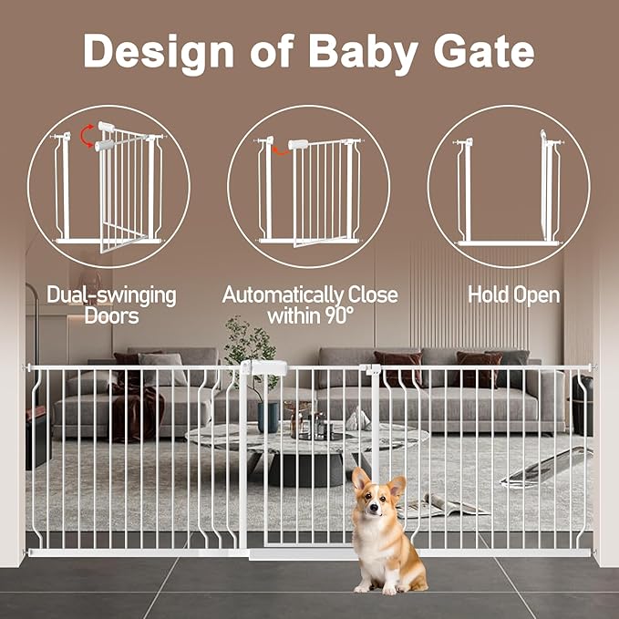 WAOWAO Baby Gate 100-109.41" Extra Wide Pressure Mounted Walk Through Swing Auto Close Safety White Metal Toddler Kids Child Dog Pet Puppy for Stairs,Doorways,Kitchen