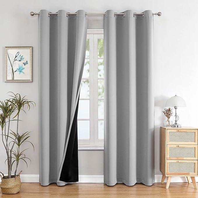 ChrisDowa 100% Blackout Curtains 72 inch Long for Bedroom with Black Liner, 2 Thick Layers Total Blackout Thermal Insulated Grommet Window Curtains 2 Panels Set (Light Grey, 42 x 72 Inch)