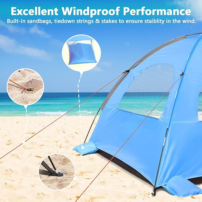 NXONE Beach Tent Sun Shade Shelter for 3/4/6 Person Person with UV Protection, Extended Floor, 3 Mesh Roll Up Windows & 8.0/8.5mm Fiberglass Rods丨Carry Bag Included