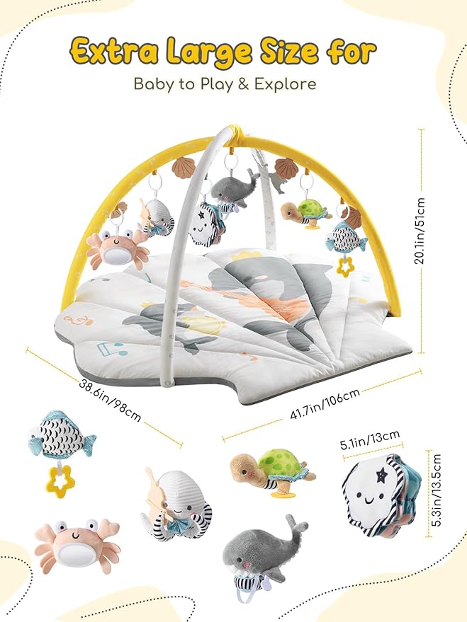Shell Baby Play Mat, Play Mat for Babies 0-6 6-12 Months, Tummy Time Mat w 6 Detachable Toys, Enlarged Infant Activity Mat for Sensory & Motor Skill Development Boho Ocean Theme Baby Play Gym (White)
