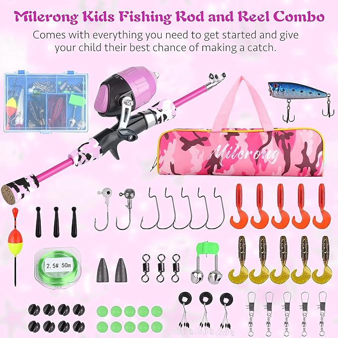 Milerong Kids Fishing Rod, Kids Fishing Pole Portable Telescopic Fishing Rod and Reel Combo Kit for Boys, Girls, Youth - with Spincast Fishing Reel, Fishing Tackles, Fishing Lures, Fishing Lines