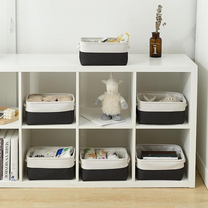 TheWarmHome Storage Bins for Shelves - 6 Pack 11.8x7.8x5.2 inch Collapsible Storage Cubes, Basket for Gifts Empty Closet Organizing Dog Toy Box (White & Black)