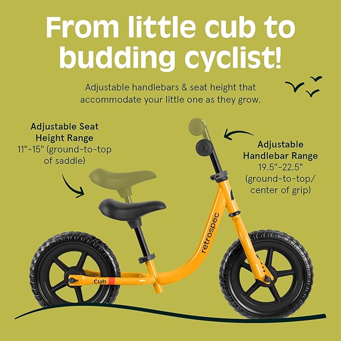 Retrospec Cub Toddler 12" Balance Bike, 18 Months - 3 Years Old, No Pedal Beginner Kids Bicycle for Girls & Boys, Flat-Free Tires, Adjustable Seat, & Durable Frame