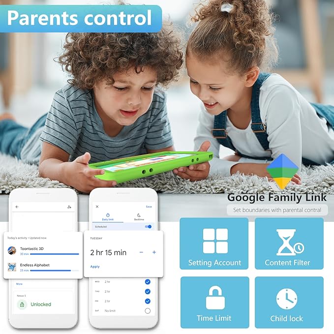 Tablet for Kids 10.1 inch Android 14 6000mHA 8GB RAM+64GB ROM(Expandable to 1TB Kids Tablet Age 3-12 with Case& Lanyard WiFi6 Google Kids Space Parental Control 1280 * 800 HD Screen Green