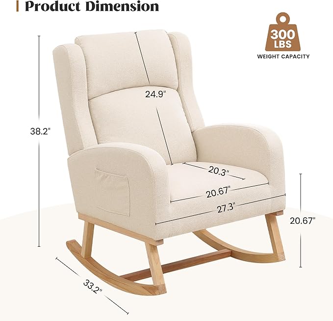 Rocking Chair Nursery, Nursing Rocking Chairs for Mom Nursery, Comfy Wingback Glider Rocking Armchair with Side Pocket for Nursery Living Room, Beige