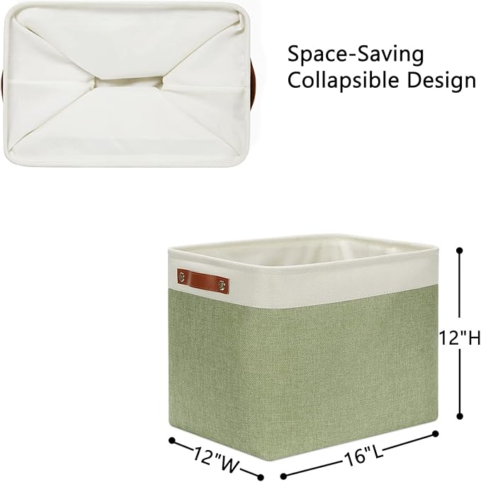 DULLEMELO 2-Pack Large Storage Baskets for Organizing 16"x12"x12" Canvas Fabric Storage Basket Bins With Leather Handles for Shelf Clothes Empty Gift Basket (White&Green)