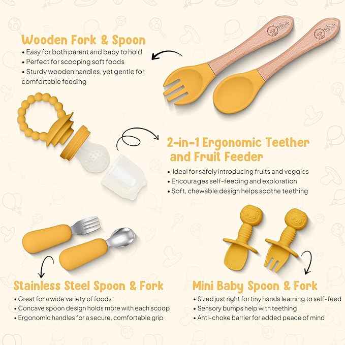 O'doe 17-Piece BPA-Free Silicone Baby Feeding Set | Thick & Soft Suction Plates, Baby Bowls, Wooden Fork & Spoon, and More | Make Mealtime Fun and Easy for Your Little One (Yellow, V2)