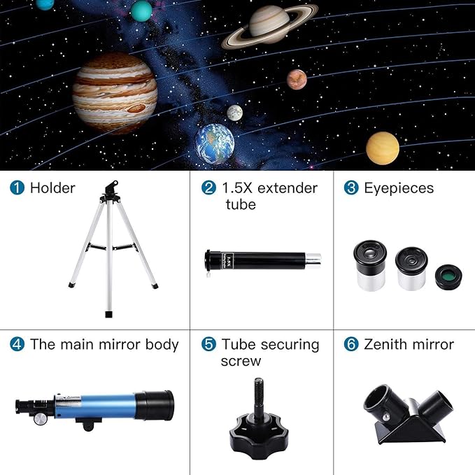 Telescope for Beginners and Kids, 60mm Aperture Refractor, Portable, Portable 90X Astronomical Telescope with Tripod, 2 Eyepieces, 1.5X Barlow Len, Astronomy Gift
