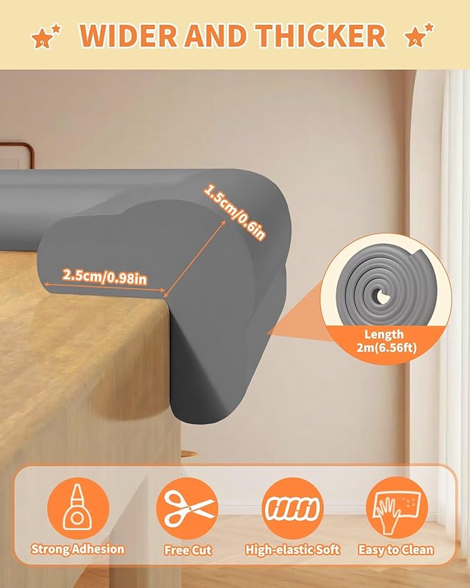 Edge Corner Protector Baby Proofing, 6.56FT 0.6'' Thicken L-Shape Furniture Fireplace Safety Bumper Guard with 6 Corners, Pre-Taped, Soft NBR Rubber Foam, Table Edge Protector for Baby (Grey)