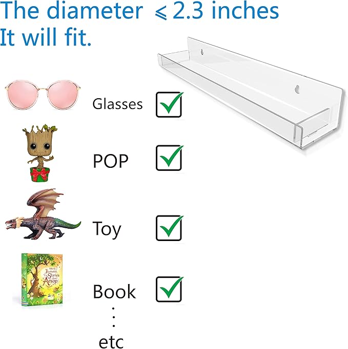 4 Pack 15 Inch Clear Acrylic Shelves, Clear Kids Floating Bookshelf for Kids Room, Modern Nail Polish Rack Sunglasses Essential Oil Picture Ledge Display Toy Storage Wall Shelf