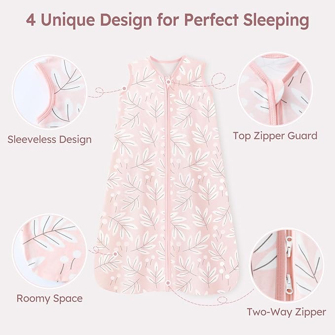 Baby Sleep Sack 12-18 Months 3 Pack 100% Cotton Lightweight 0.5 TOG Wearable Blanket Baby Sleep Bag with 2-Way Zipper for Newborn Infant Pink Flowers & Leaf
