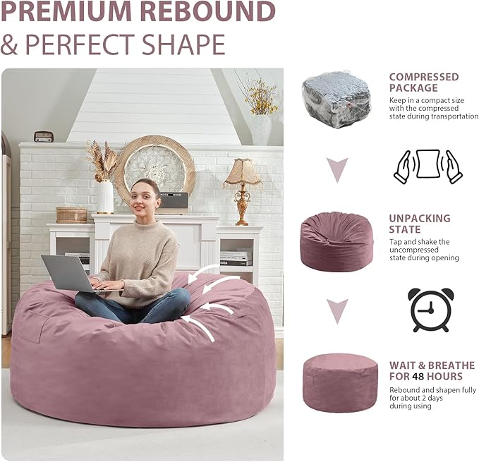4FT Bean Bag Chair, Large Bean Bag Chairs with Memory Foam Filled, Fluffy Beanbag Sofa with Dutch Velvet Cover, Round BeanBag Chairs for Living Room, Playroom - Dusty Pink